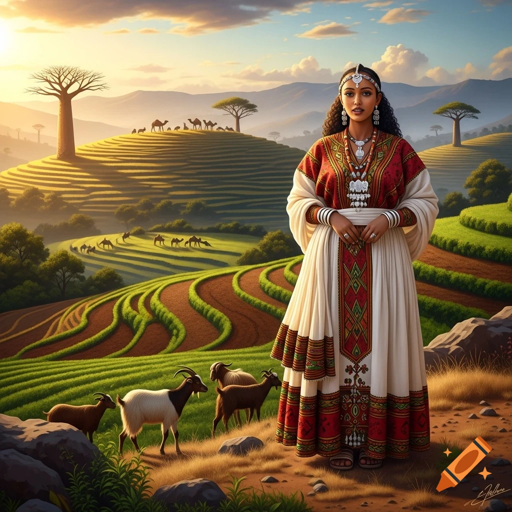 A woman in intricate traditional Ethiopian attire stands in a terraced, green landscape with baobab trees, camels, and goats under a golden sky.