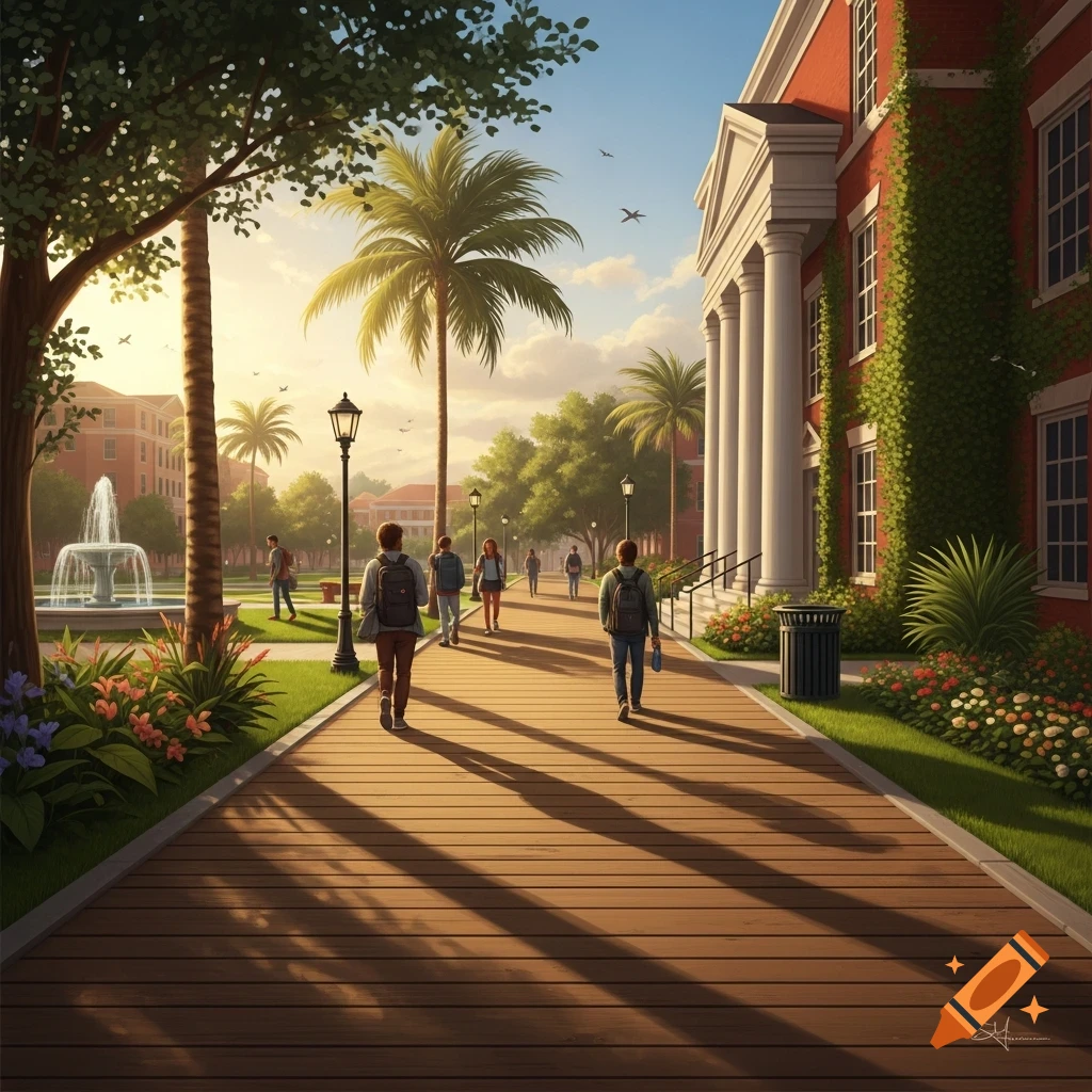 A vibrant illustration of a college campus boardwalk in the late afternoon, with students walking past a brick building, palm trees, and a fountain.