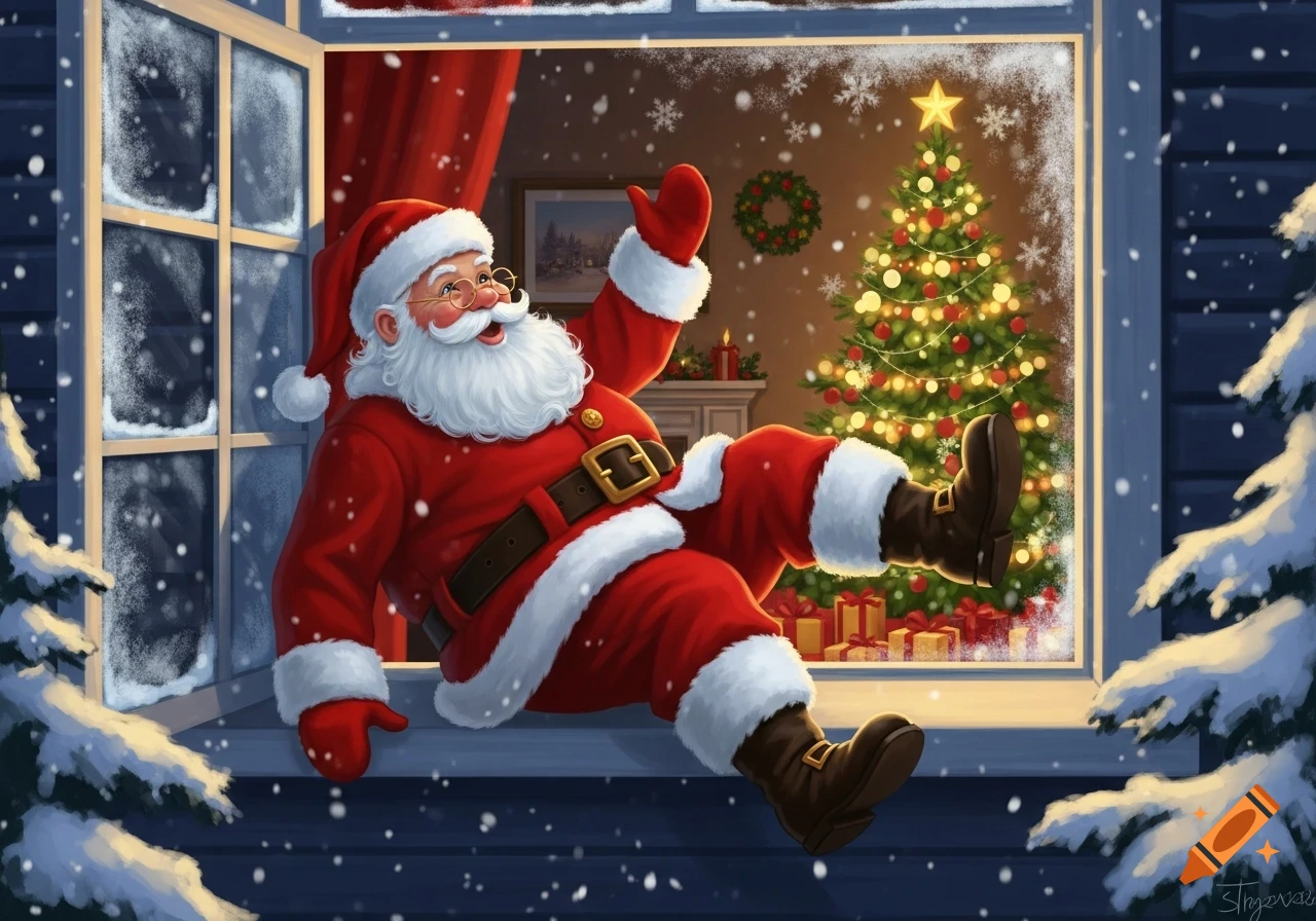Cartoon Santa Claus, dressed in red, stuck in a snowy window, waving cheerily, with a decorated Christmas tree inside.