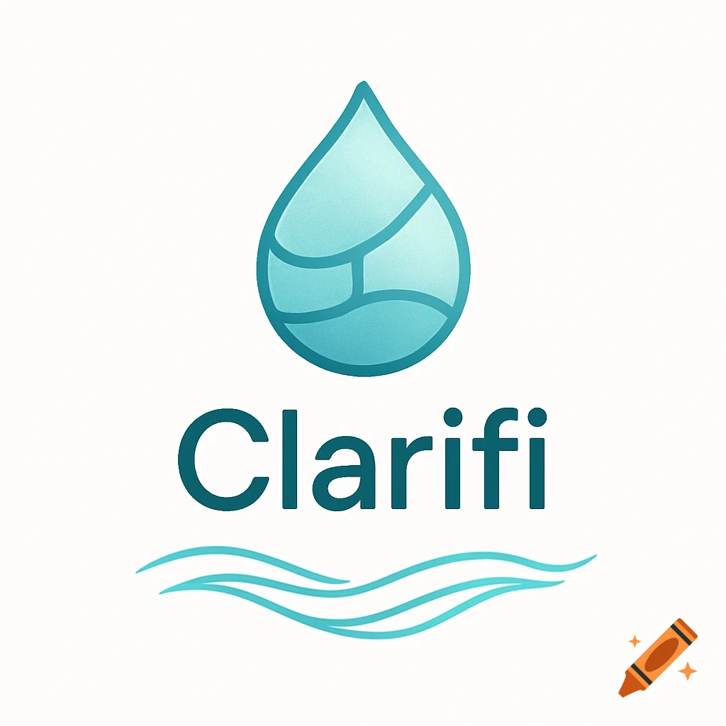 A clean logo featuring a stylized blue water drop above the word 'Clarifi' and two wavy lines.