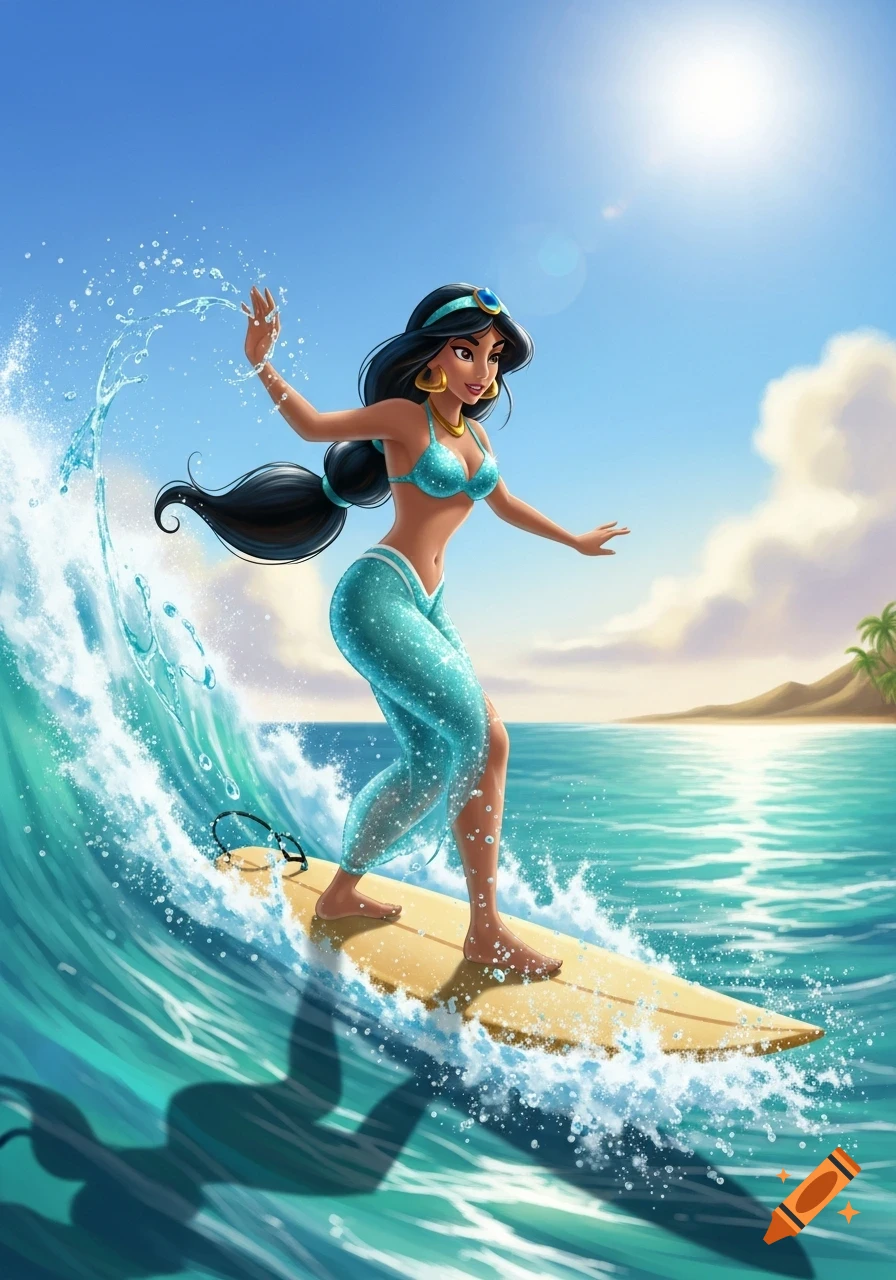Cartoon Princess Jasmine in a turquoise bikini surfing a wave on a sunny tropical beach.