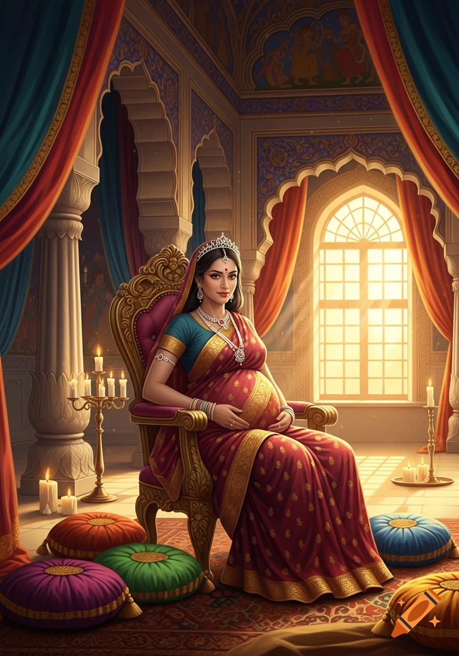 A pregnant woman dressed as an Indian queen sits on an ornate chair in a richly decorated palace room, bathed in sunlight.