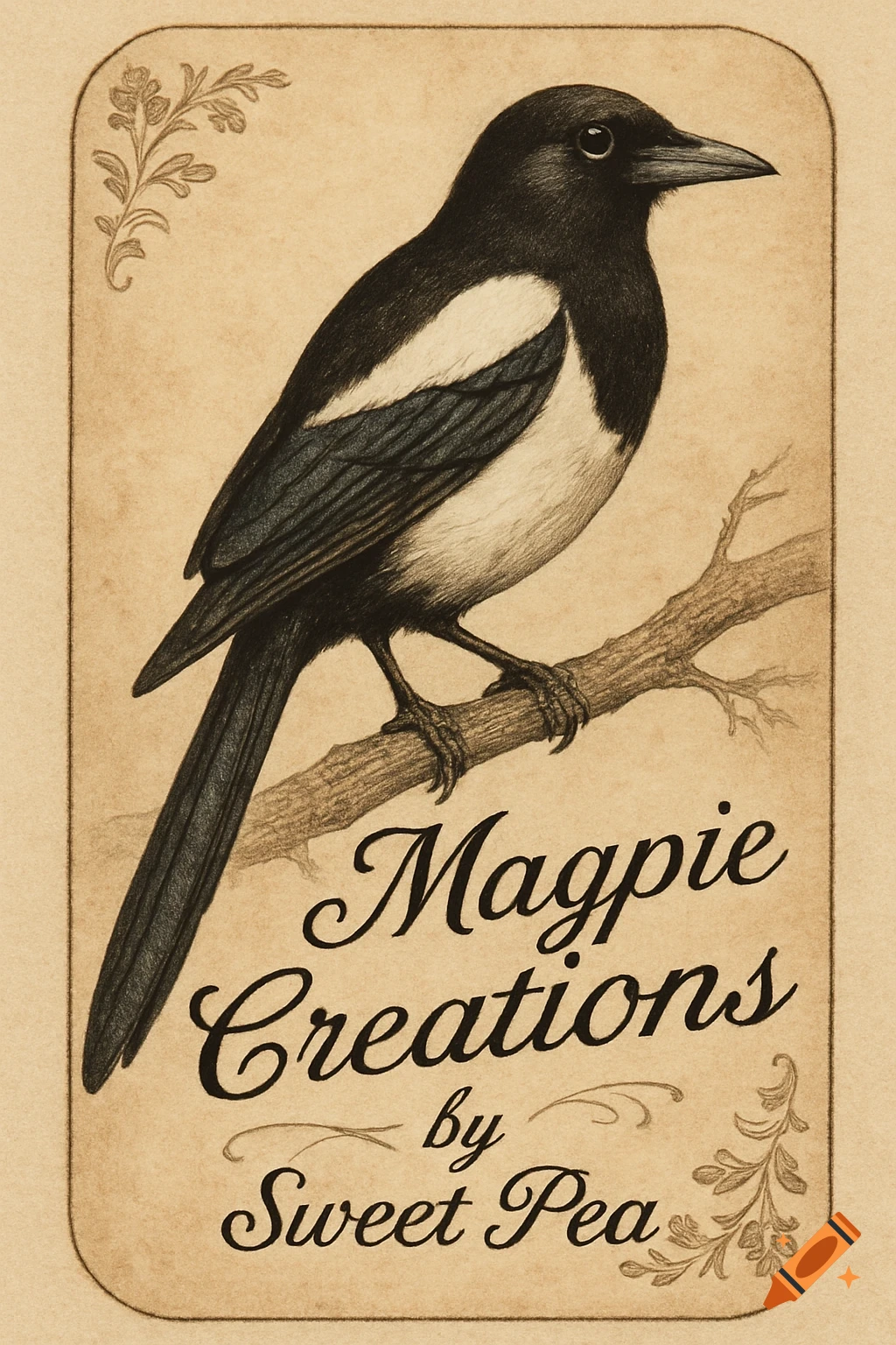 Vintage illustration of a black and white magpie on a branch with the text "Magpie Creations by Sweet Pea" in a decorative frame.