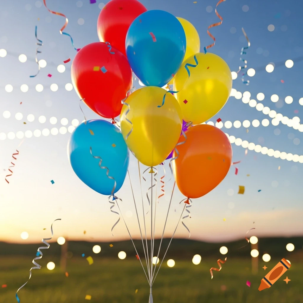 A vibrant bouquet of red, blue, yellow, and orange balloons floats over a grassy field with string lights and confetti at sunset, photorealistic style.
