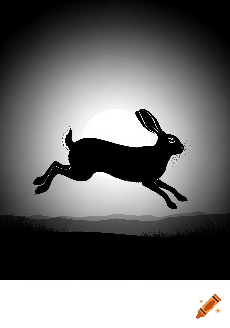 Black silhouette of a rabbit jumping against a white moon or sun with dark hills and grass below.