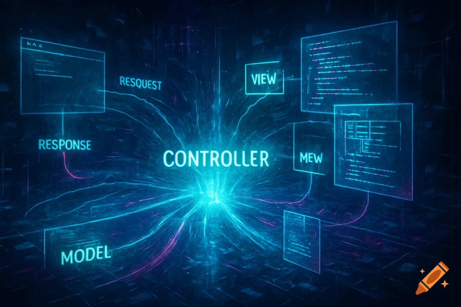A glowing blue and magenta abstract diagram showing a