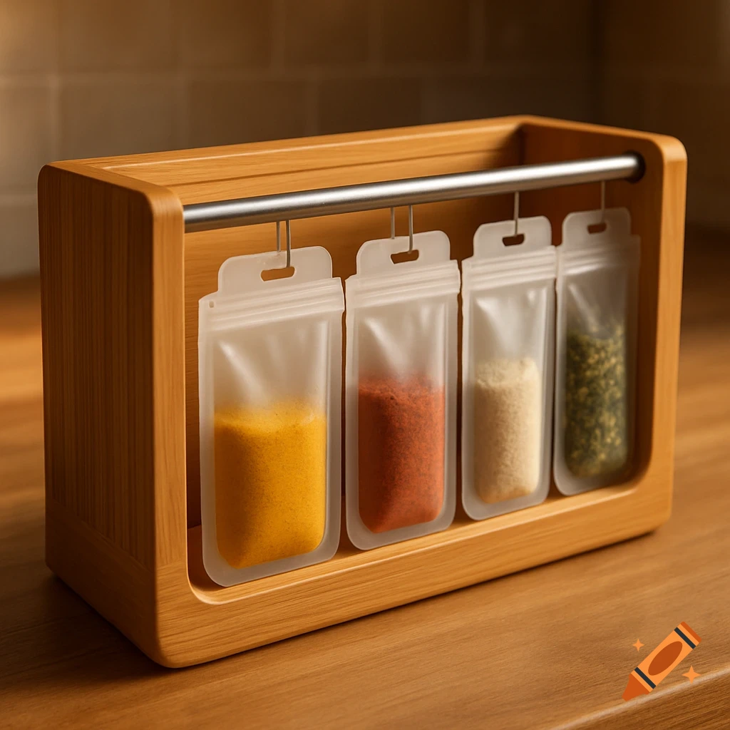 A modern wooden spice rack holds four semi-transparent pouches filled with colorful spices on a kitchen counter.