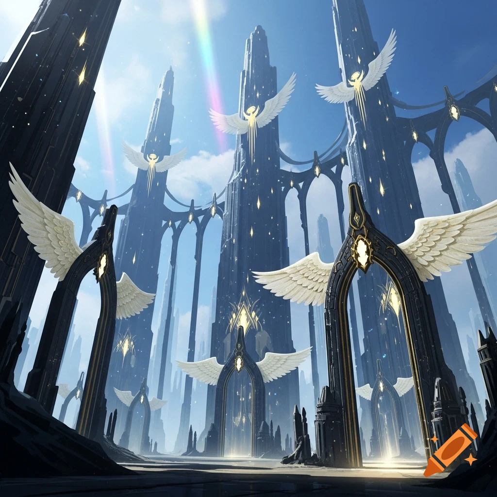 Majestic view of towering dark futuristic spires and angelic winged arches with golden accents against a blue sky, glowing with light.