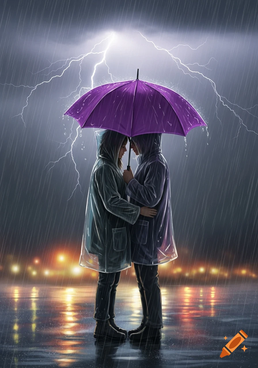 Two people in raincoats huddle under a purple umbrella during a lightning storm, with city lights reflecting on the wet ground.
