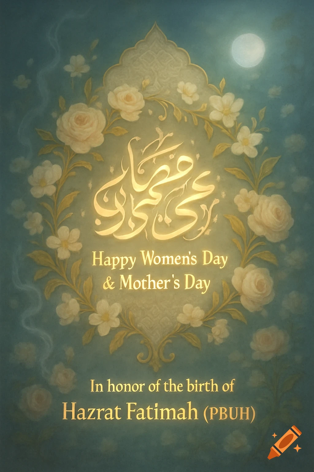 Stylized greeting card with a wreath of white roses, golden Arabic calligraphy, and English text 'Happy Women's Day & Mother's Day' on a teal background.