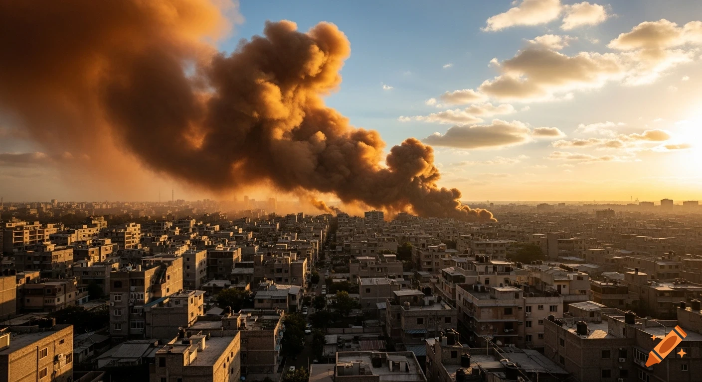 Aerial view of a city under a massive orange smoke plume, with sunlight breaking through a partly cloudy sky.
