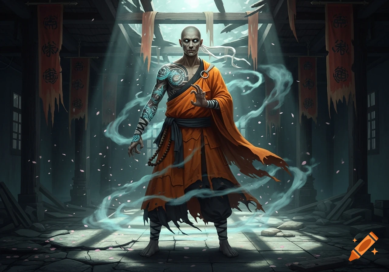 An undead Shaolin monk with glowing blue tattoos stands in a ruined temple, surrounded by mystical mist and falling petals, in a dark fantasy art style.