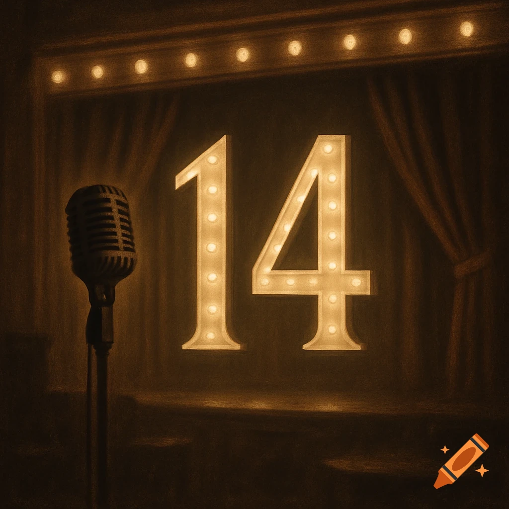A vintage stage with an illuminated number 14 and a classic microphone, in a dark theatrical setting.