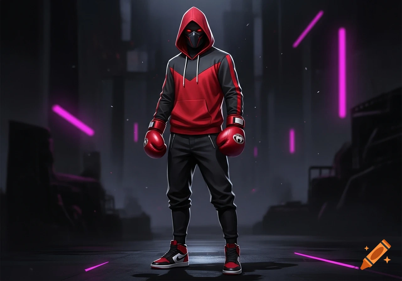 A masked figure in a red and black hoodie, boxing gloves, and sneakers stands in a dark urban setting with neon lights.