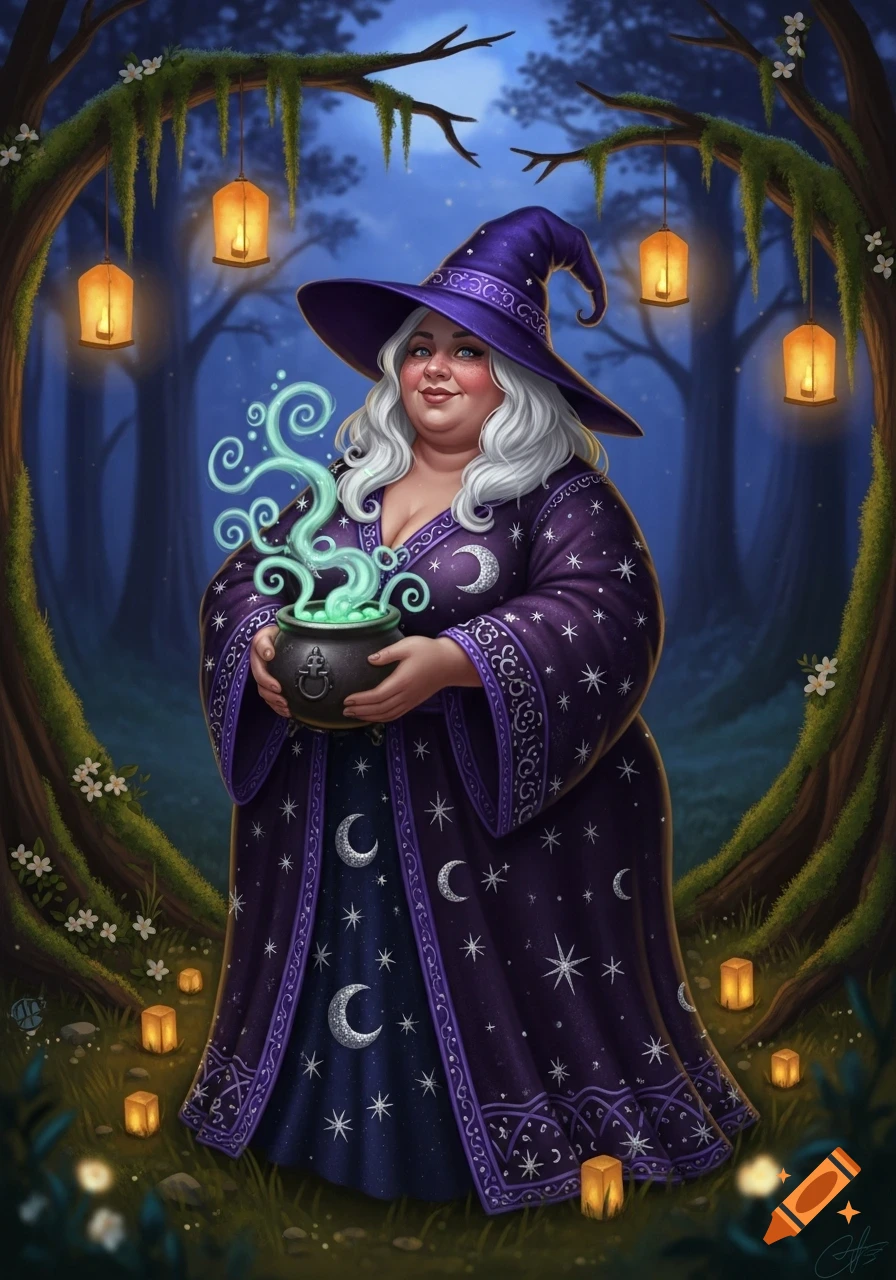 A plump witch in a purple, moon-and-star patterned robe holds a steaming cauldron in an enchanted forest lit by lanterns.