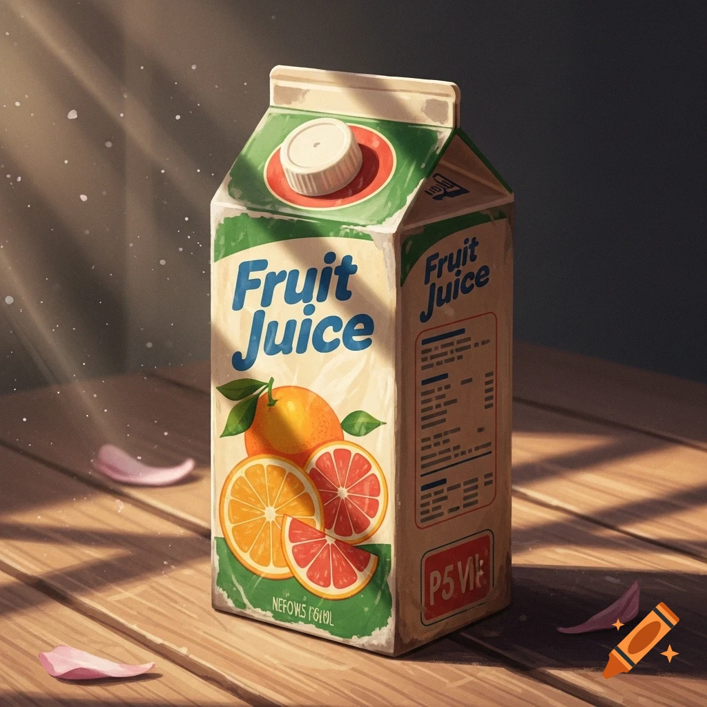 An old-looking carton of fruit juice, with oranges and grapefruits on the label, sits on a wooden table with dappled sunlight and pink petals.