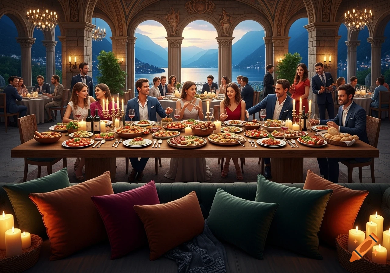 People dining at a long table laden with food and wine in a grand hall with arched windows overlooking a lake and mountains at dusk, creating an Italian-style atmosphere.