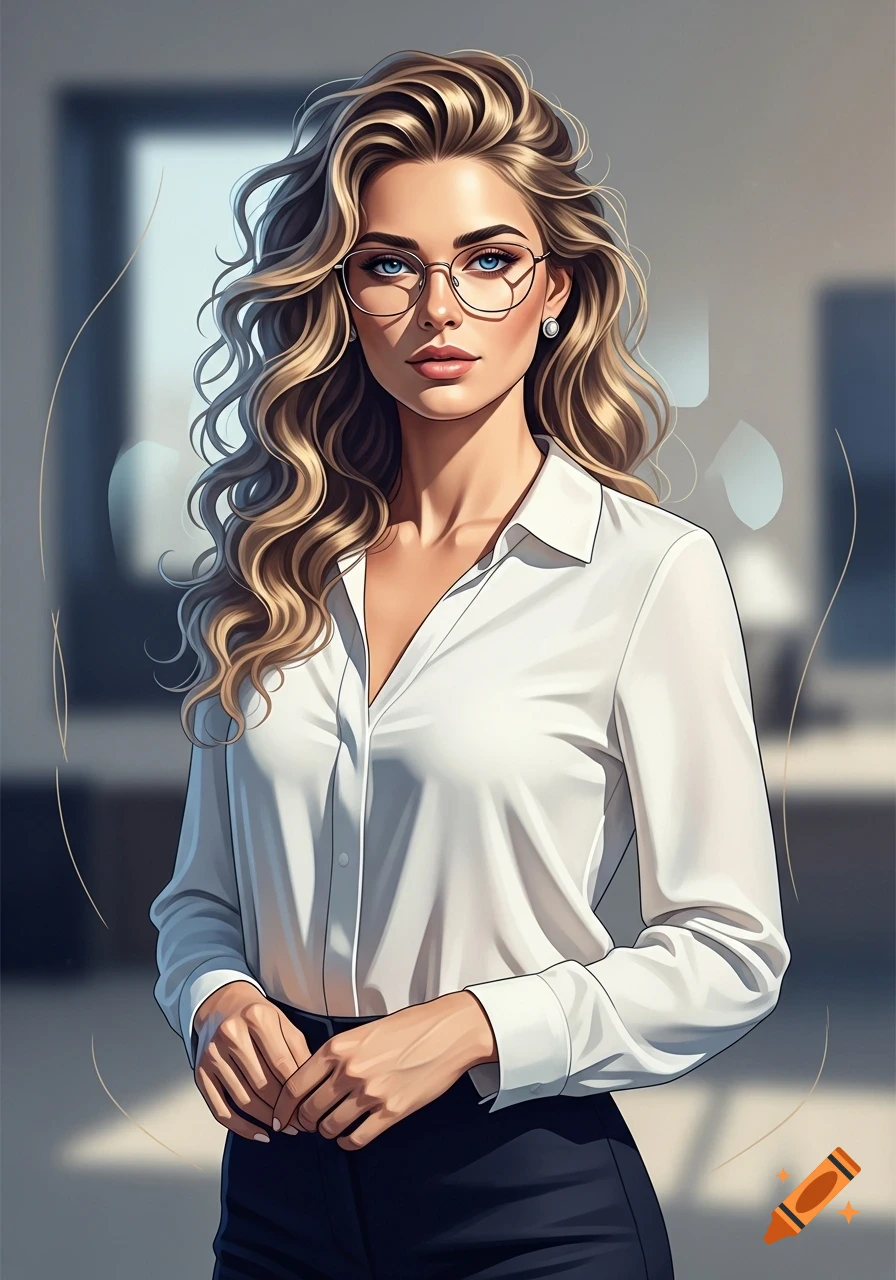 Stylized digital portrait of a professional woman with blonde curly hair, blue eyes, and glasses, wearing a white collared shirt.