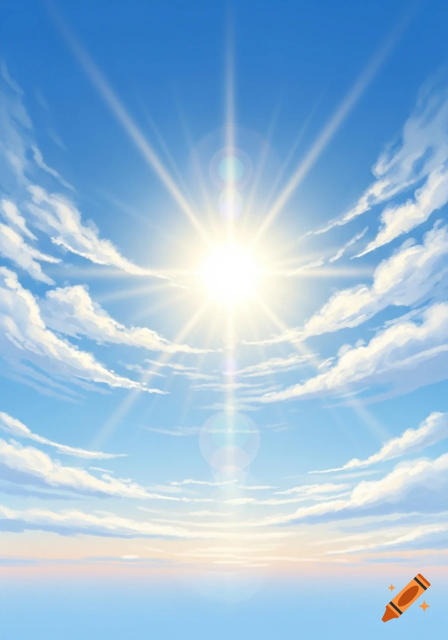 A bright blue sky filled with white clouds and a shining sun with strong rays and lens flare.