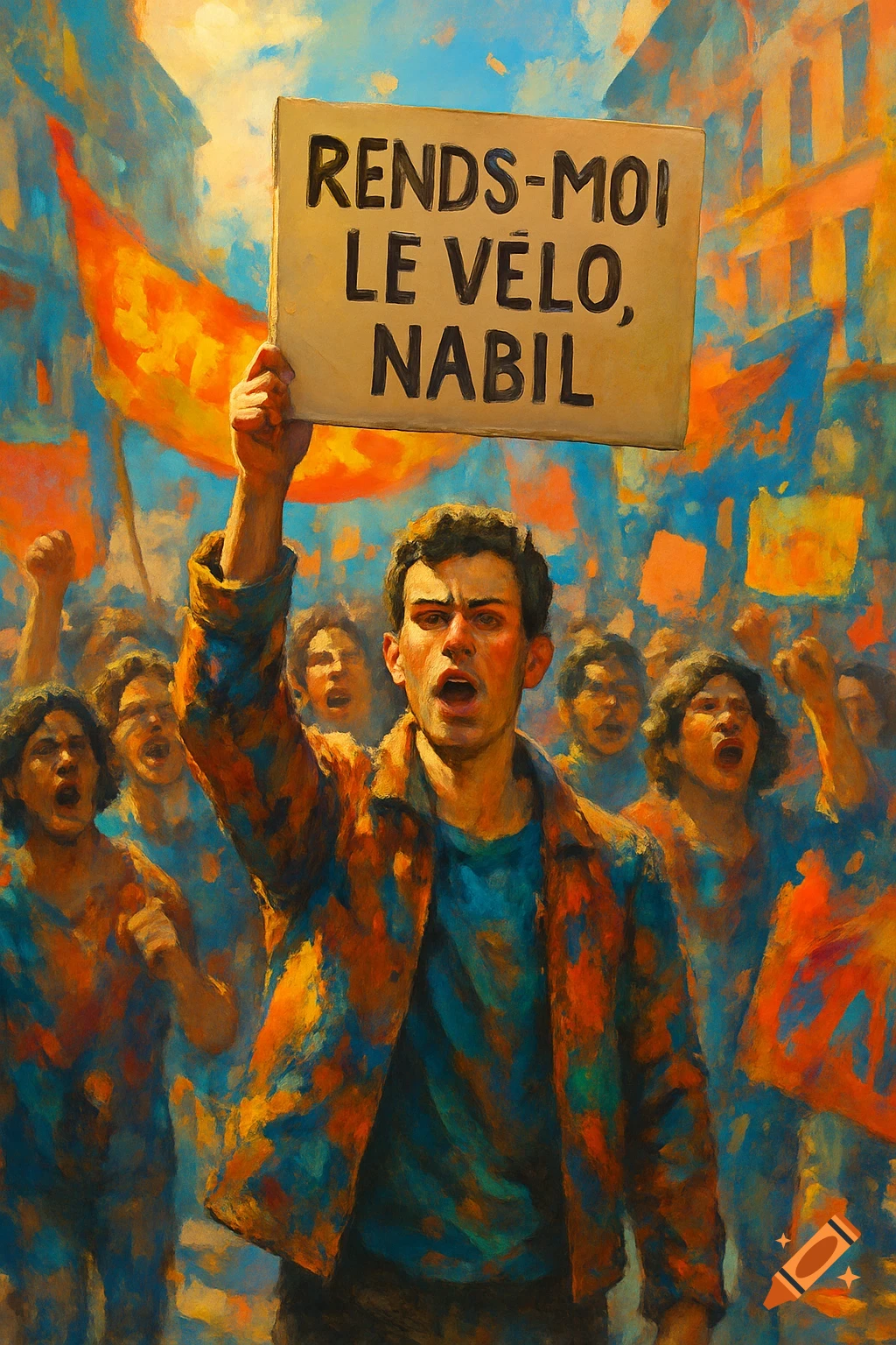 A man in a vibrant, painterly style, yells and raises a sign saying 'Rends-moi le vélo, Nabil' during a crowded protest.