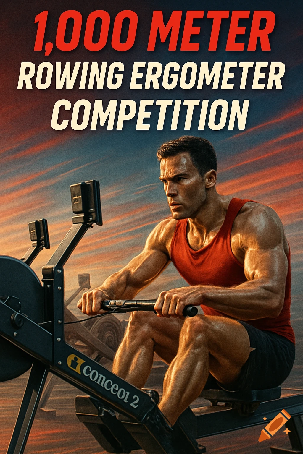 A muscular man in a red tank top intensely rows on a Concept2 ergometer against a sunset background, with event text "1,000 METER ROWING ERGOMETER COMPETITION" at the top in a photorealistic style.