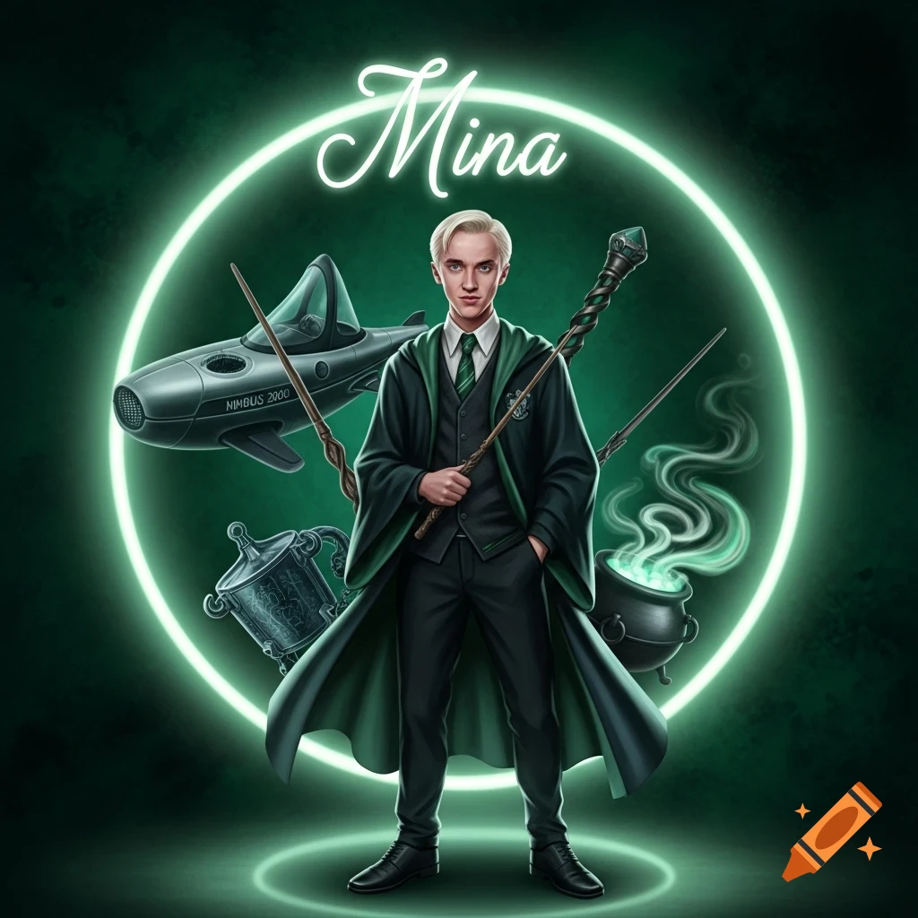 Stylized portrait of Draco Malfoy in green robes, holding a wand, with Nimbus 2000, cauldron, and a glowing green circle. Text reads 'Mina' and 'NIMBUS 2000'.
