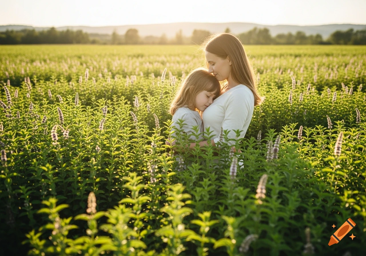 A mother and child hug in a sunlit mint field, creating a peaceful and tender atmosphere, photorealistic.
