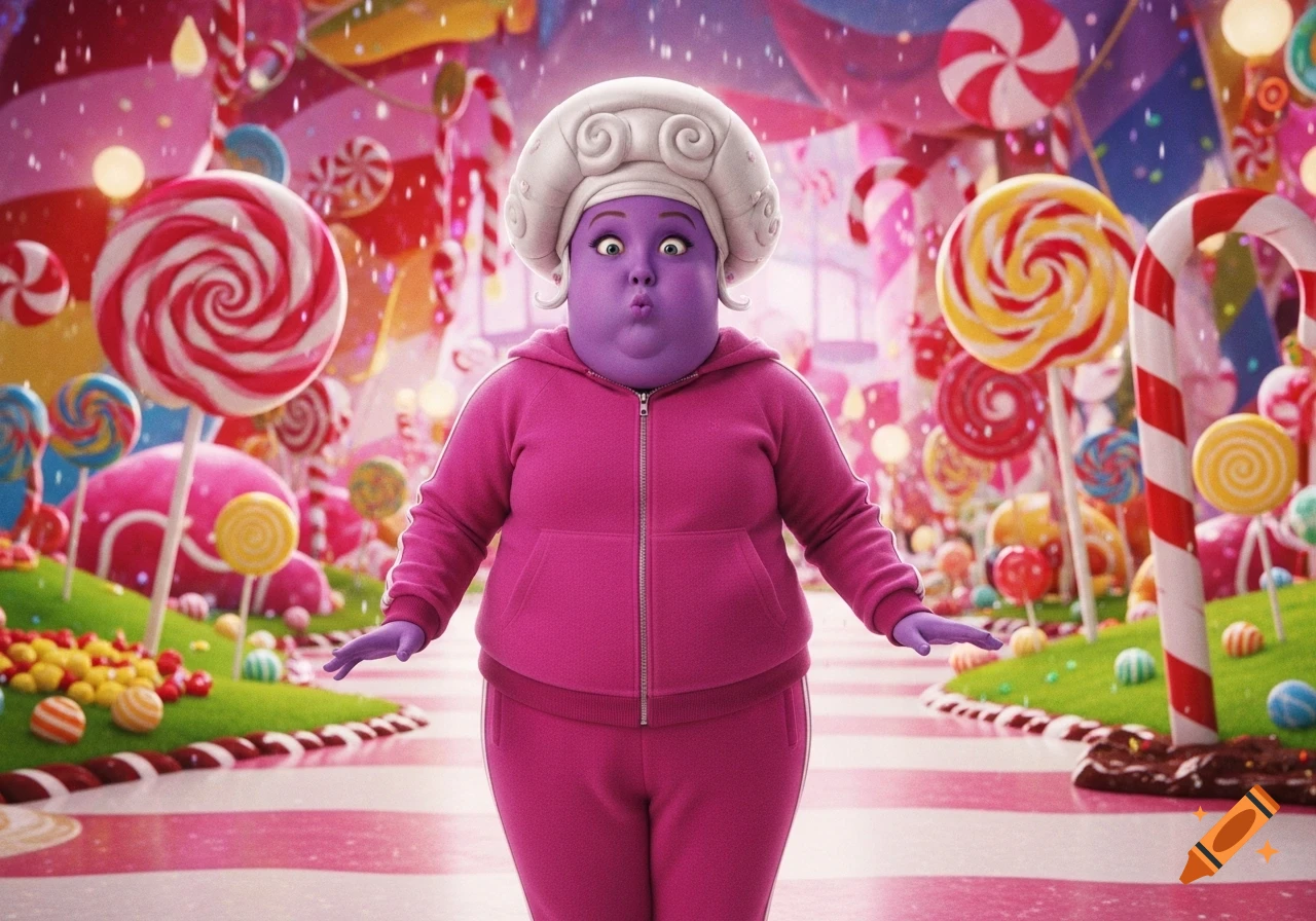 A purple-skinned, plump character in a pink tracksuit and white coiled headpiece stands in a vibrant candy land.
