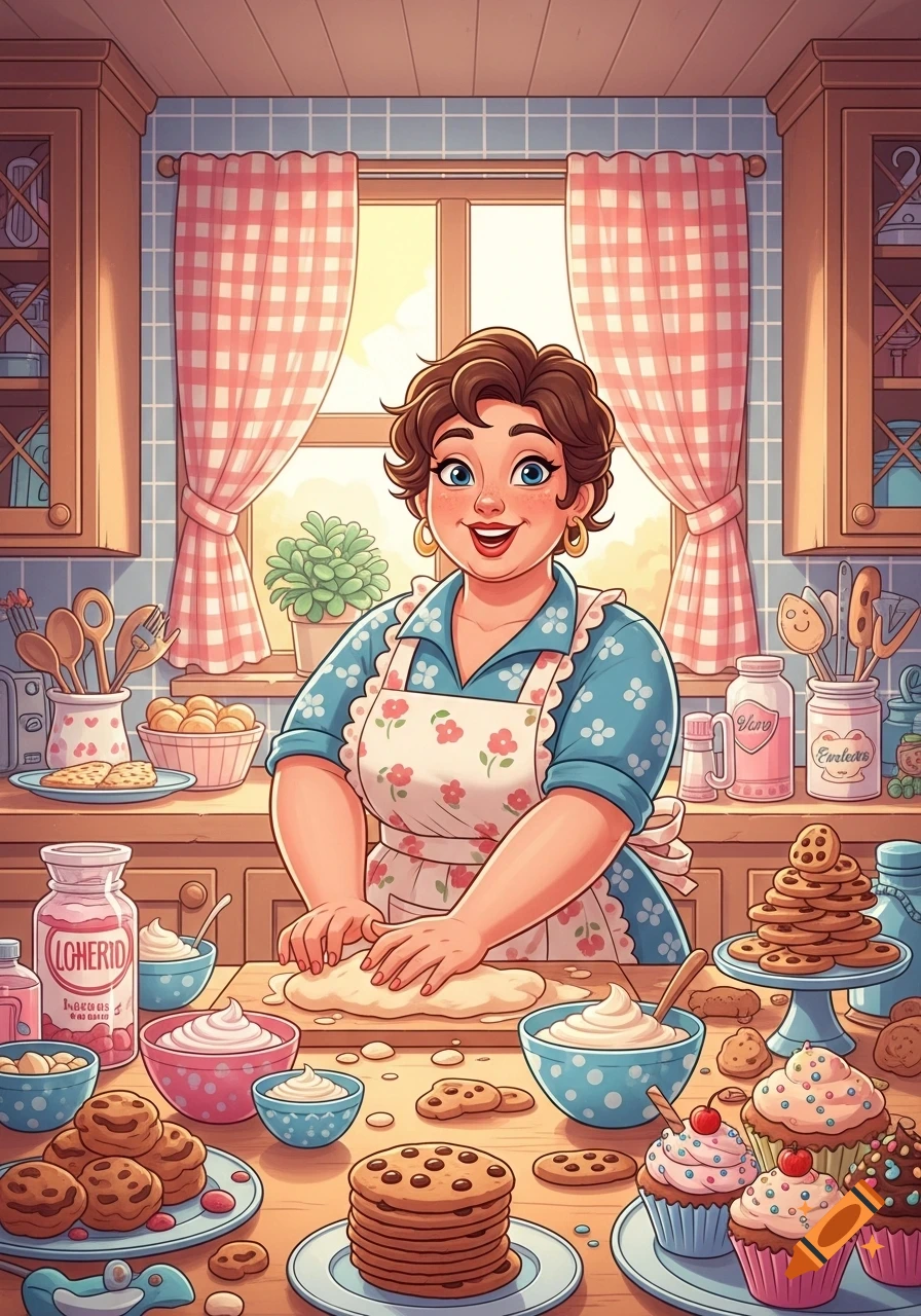A cheerful cartoon woman with curly brown hair and a floral apron kneads dough in a kitchen filled with various baked goods like cookies and cupcakes.