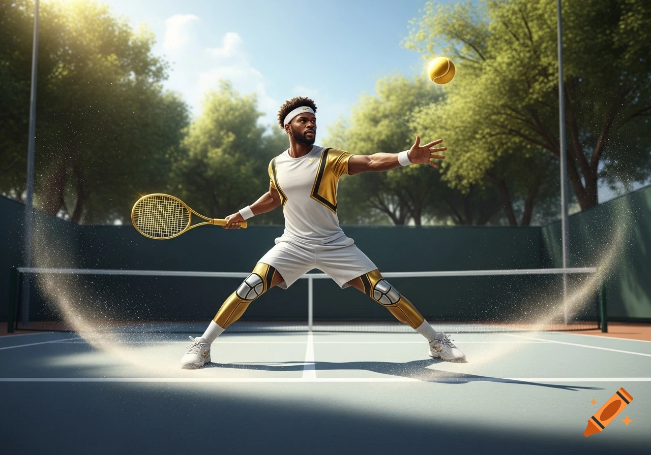 A man in a white and gold outfit plays tennis on a court, holding a golden racket as he reaches for a golden tennis ball.