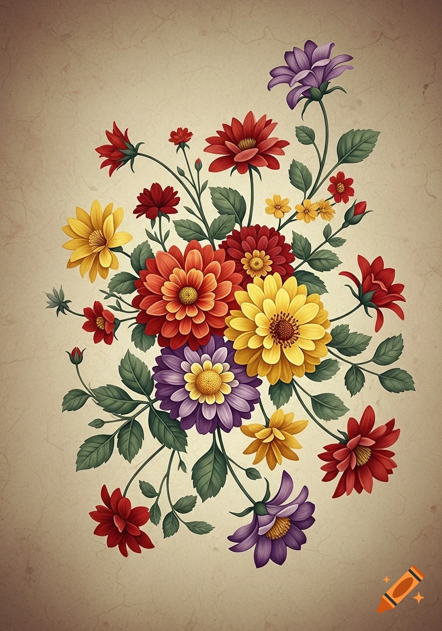 A vibrant bouquet of red, yellow, and purple flowers on a textured, vintage-style background.