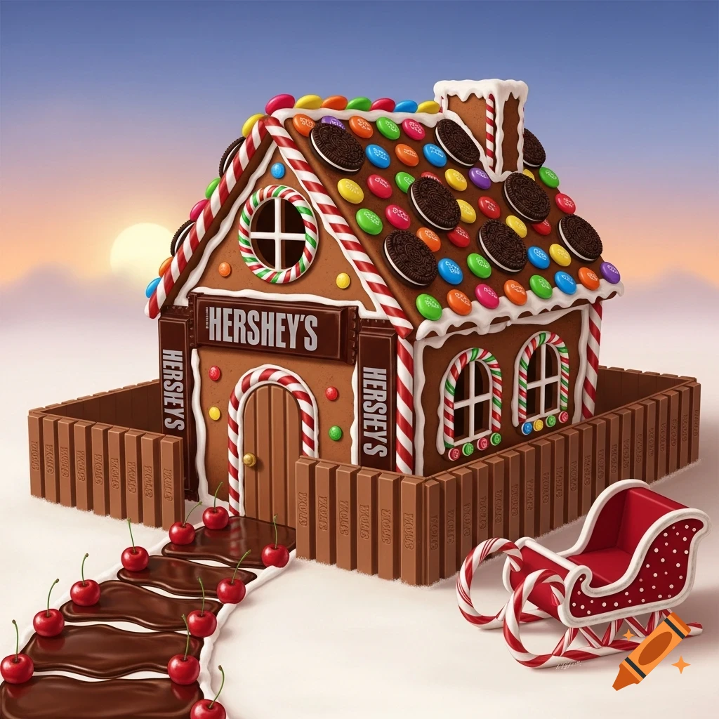 A detailed gingerbread house made of Hershey's chocolate, Kit Kat fence, Oreo shingles, and colorful candies. A cherry pathway leads to the door, with a candy cane sleigh on the side.
