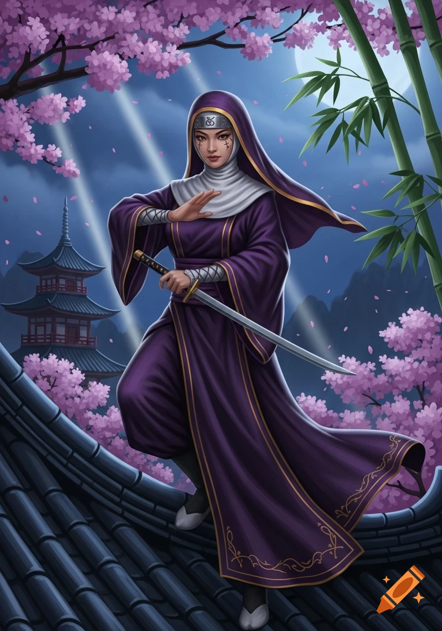 A purple-robed ninja nun with a sword stands on a pagoda roof under a full moon, surrounded by pink cherry blossoms and bamboo.