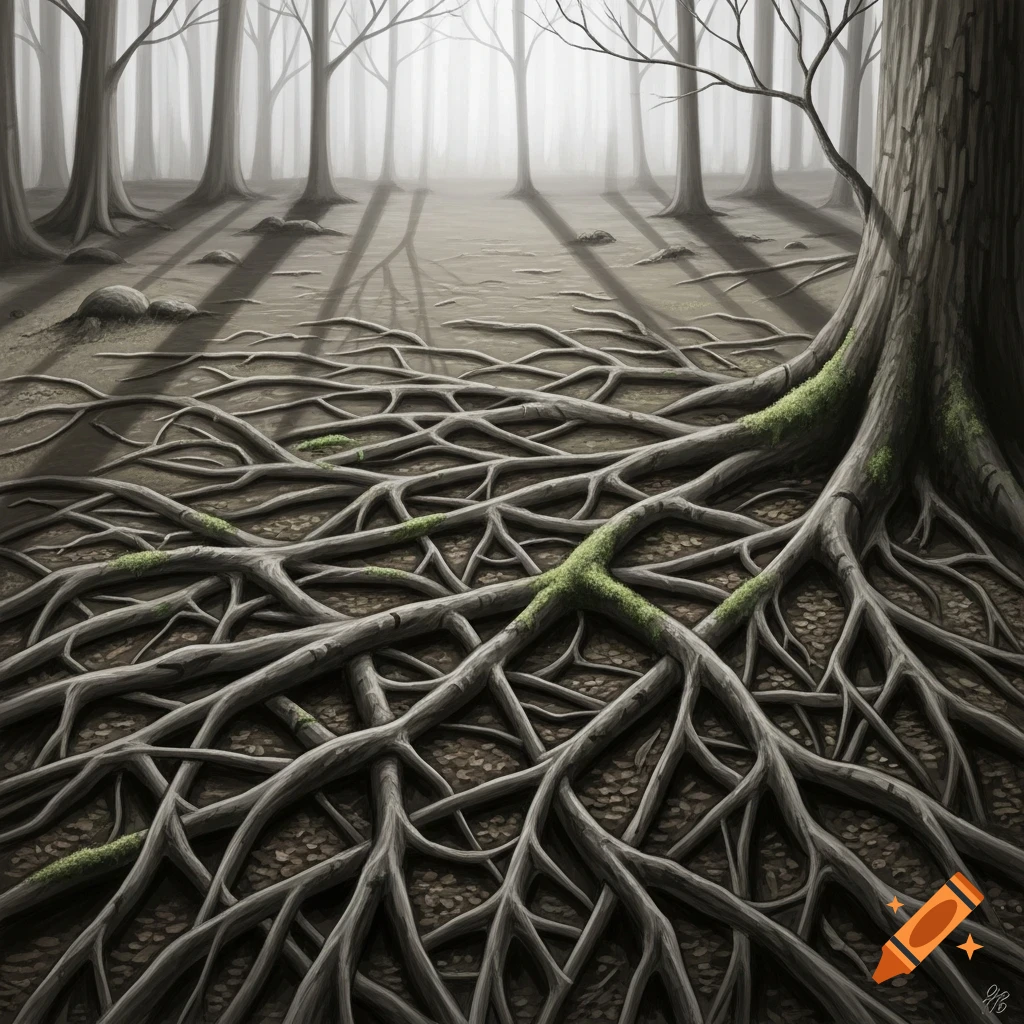 An artistic depiction of a forest floor covered in gnarled, intertwining tree roots with tall, bare trees in a misty background.