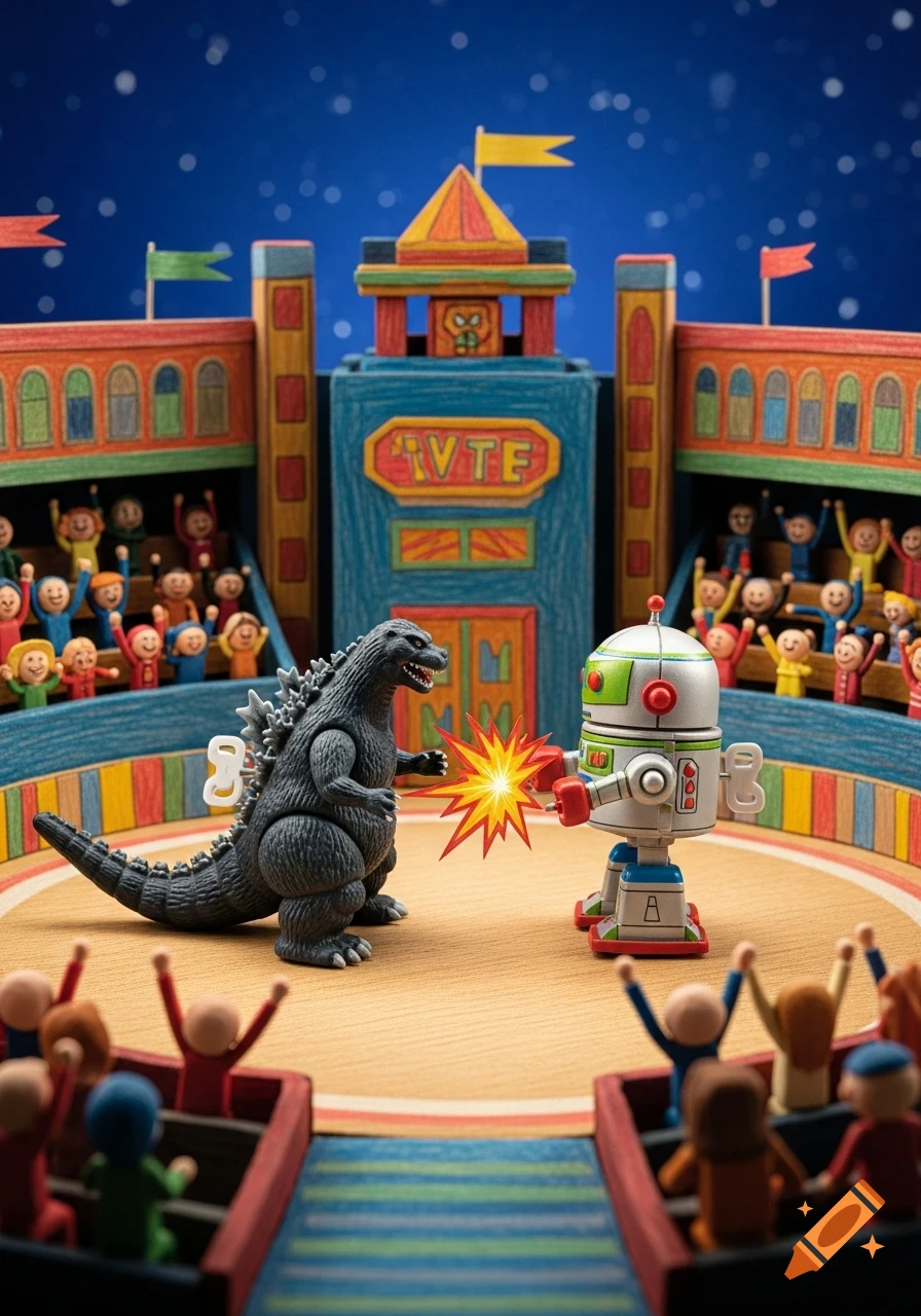 A handmade-style diorama shows a Godzilla toy fighting a robot toy in a crowded arena, against a starry blue sky.
