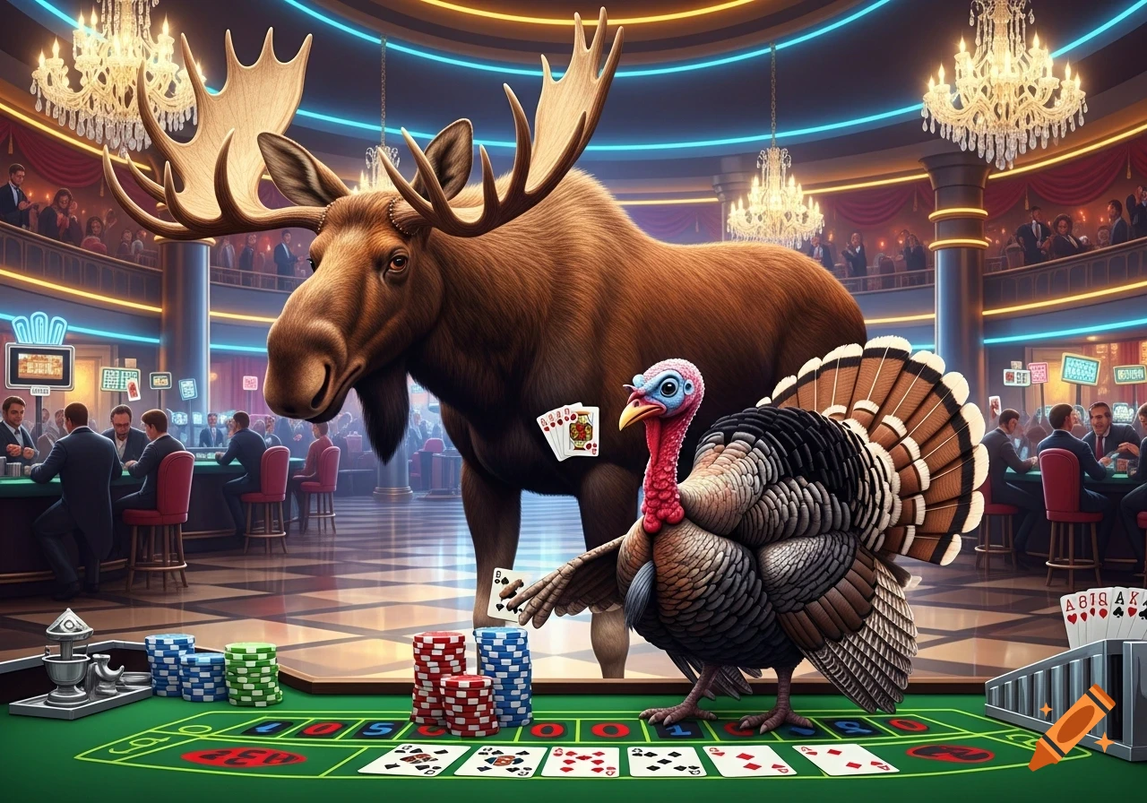 A large moose and a turkey playing poker at a brightly lit casino table with people in the background.