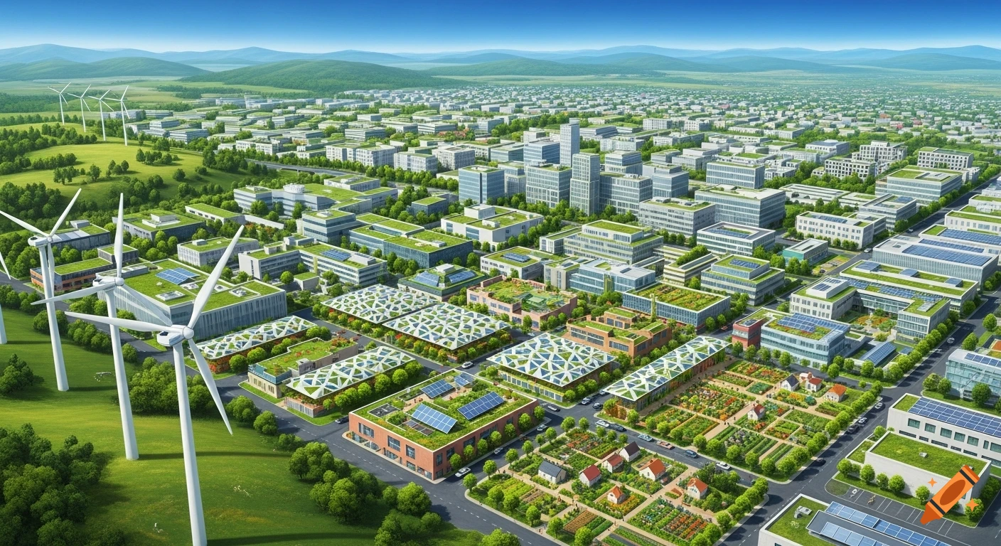 Bird's-eye view of a vibrant sustainable city with green-roofed buildings, solar panels, wind turbines, and urban farms.