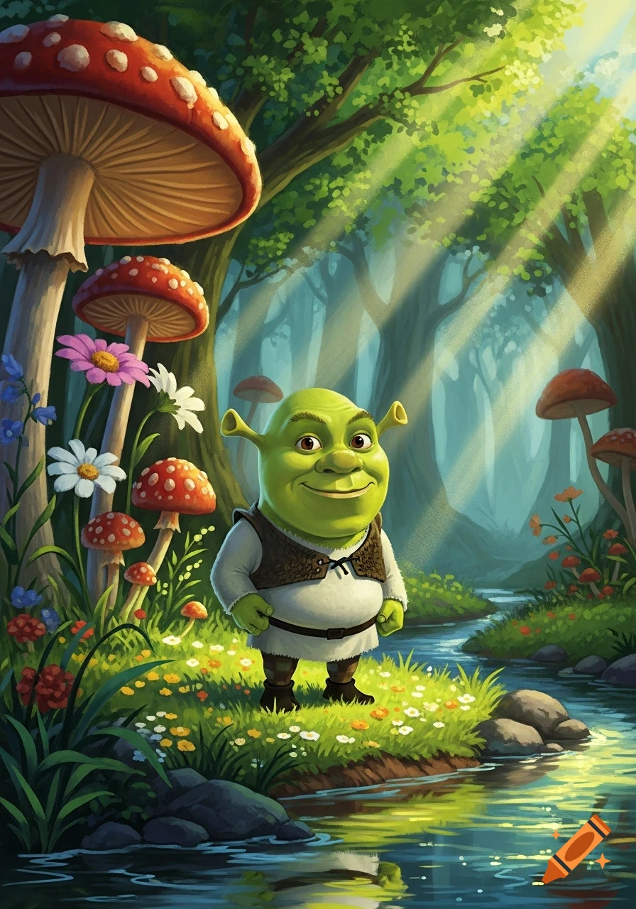 A tiny, smiling Shrek stands in a vibrant, enchanted forest with giant red mushrooms, flowers, and a stream, bathed in sun rays.