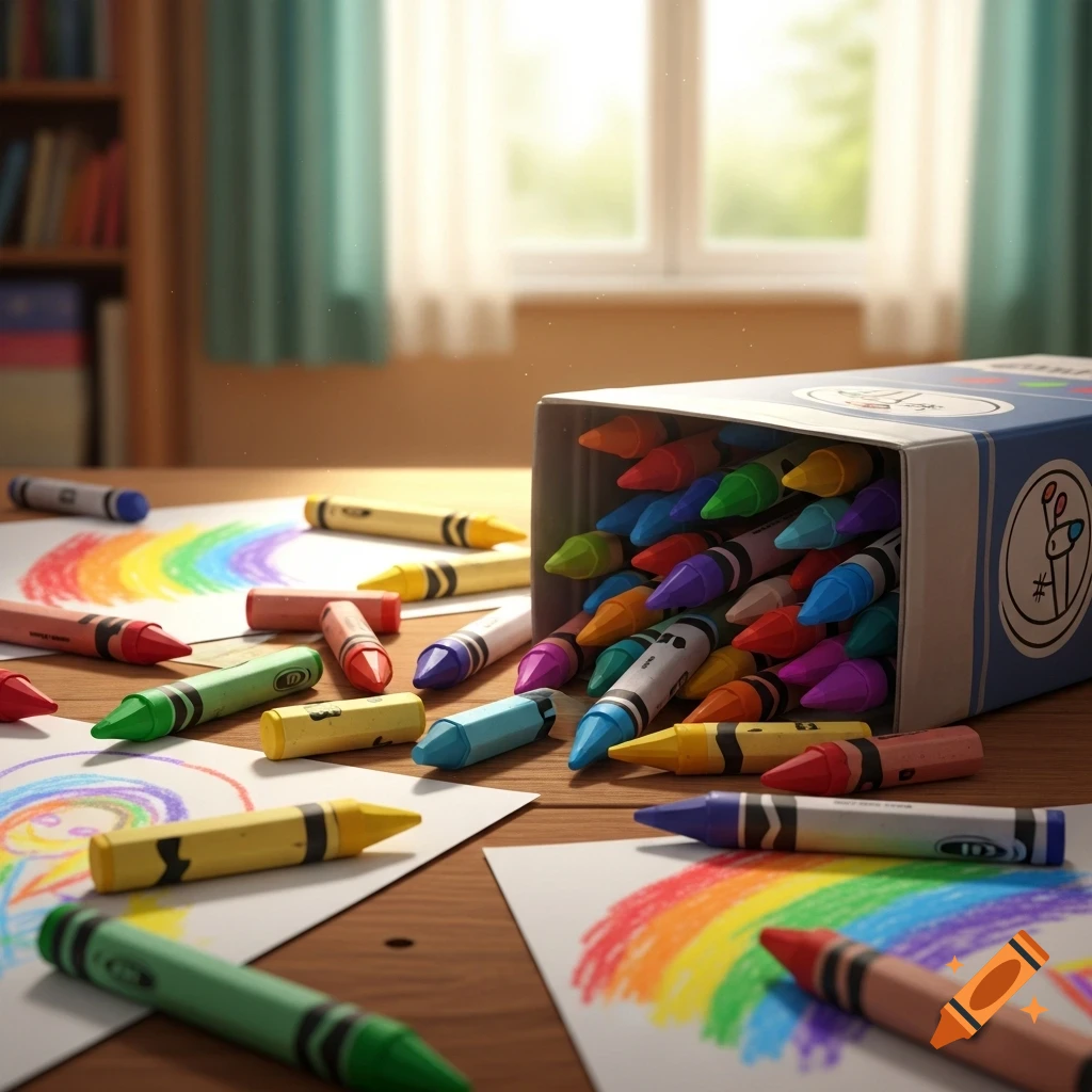 A box of colorful crayons spilled onto a wooden table with paper and rainbow drawings.
