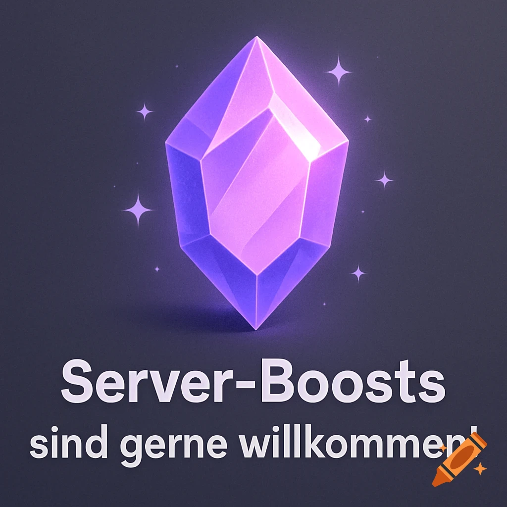 A glowing purple crystal surrounded by small sparkles on a dark background, with the German text 'Server-Boosts sind gerne willkommen!' below it.