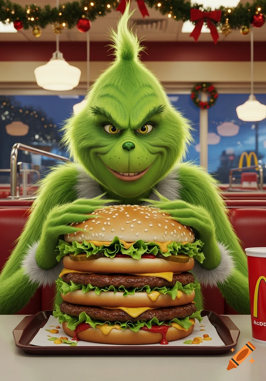 The Grinch grins mischievously at a towering triple cheeseburger in a Christmas-decorated McDonald's.
