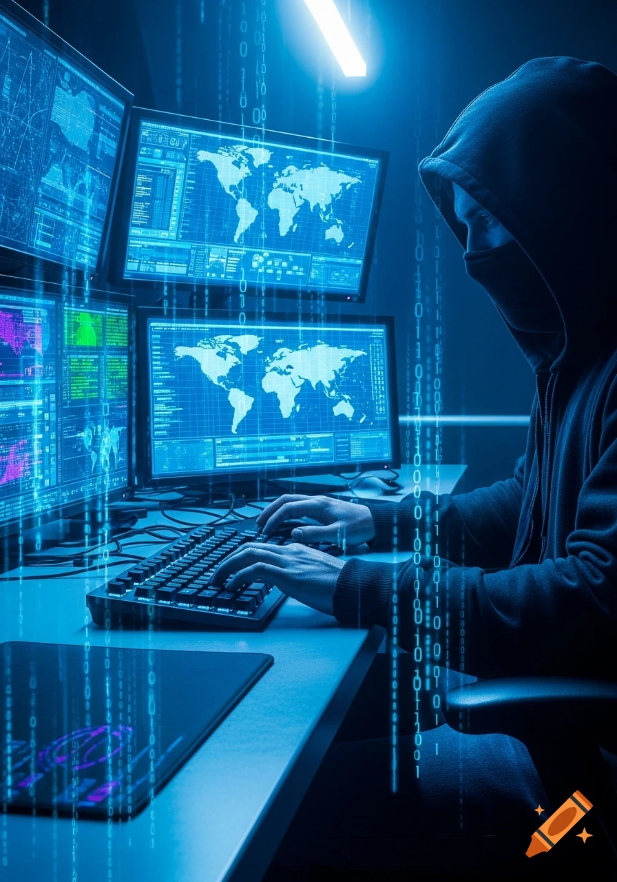 A person in a black hoodie and mask types on a keyboard, surrounded by multiple computer screens displaying maps and binary code in a dark, blue-lit room.