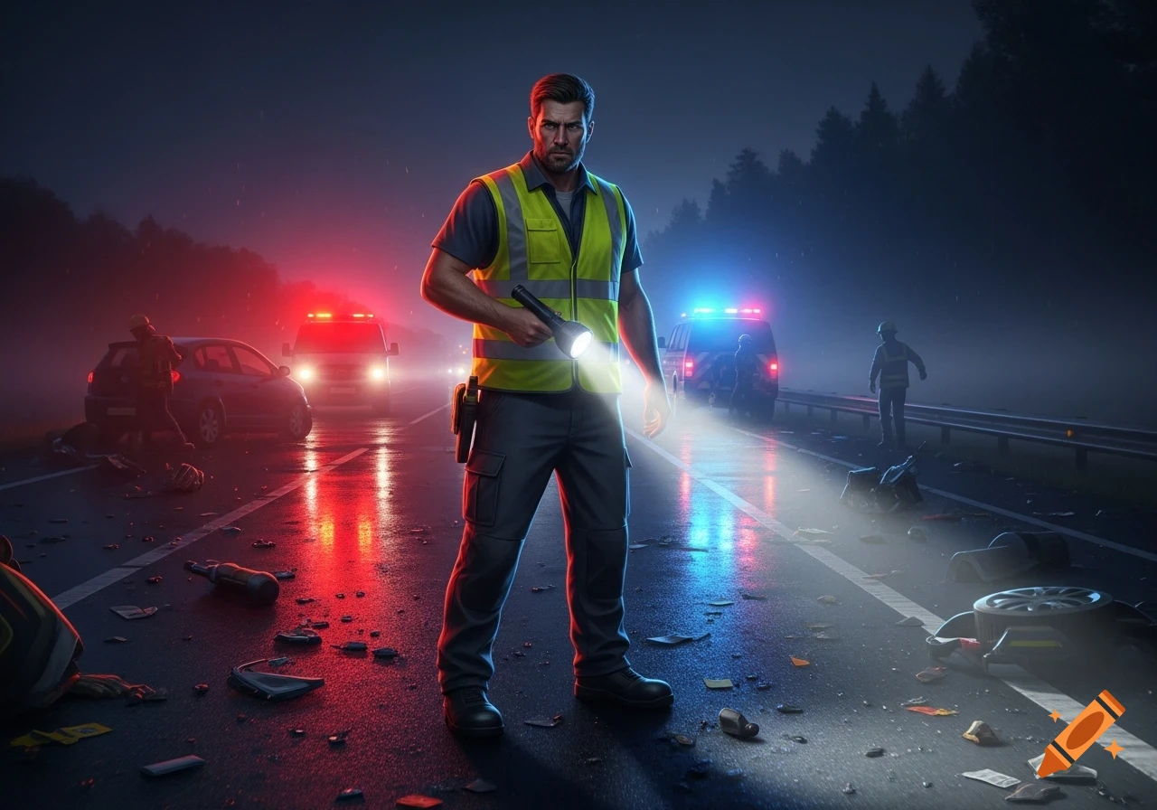 A man in a yellow safety vest holds a flashlight on a dark, wet road at night, surrounded by accident debris and flashing emergency lights.