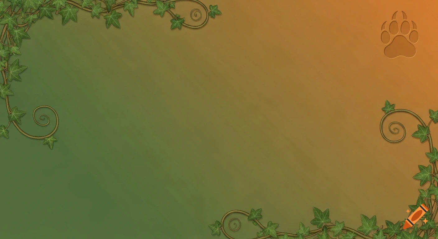 Green and orange gradient background with ivy vines in the corners and a golden bear paw print in the upper right.