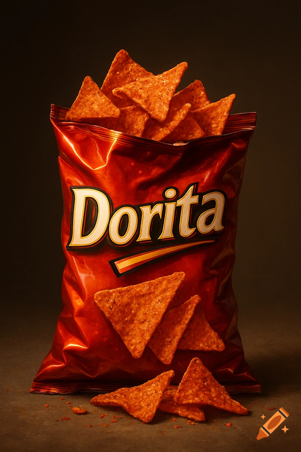 An open red bag of Dorita chips overflows with triangular tortilla chips, some scattered on a dark surface.