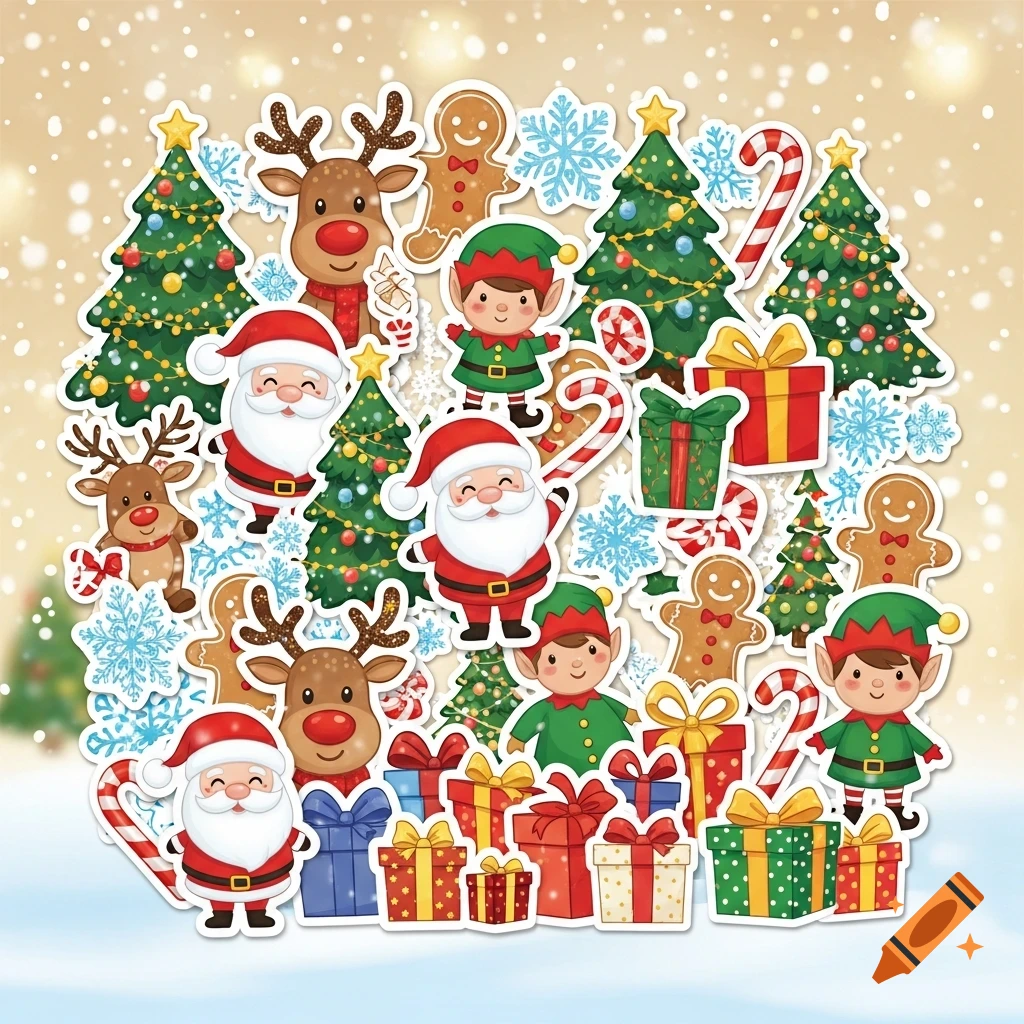 A festive collection of cartoon Christmas stickers including Santa, reindeer, elves, trees, gingerbread, snowflakes, candy canes, and gifts.