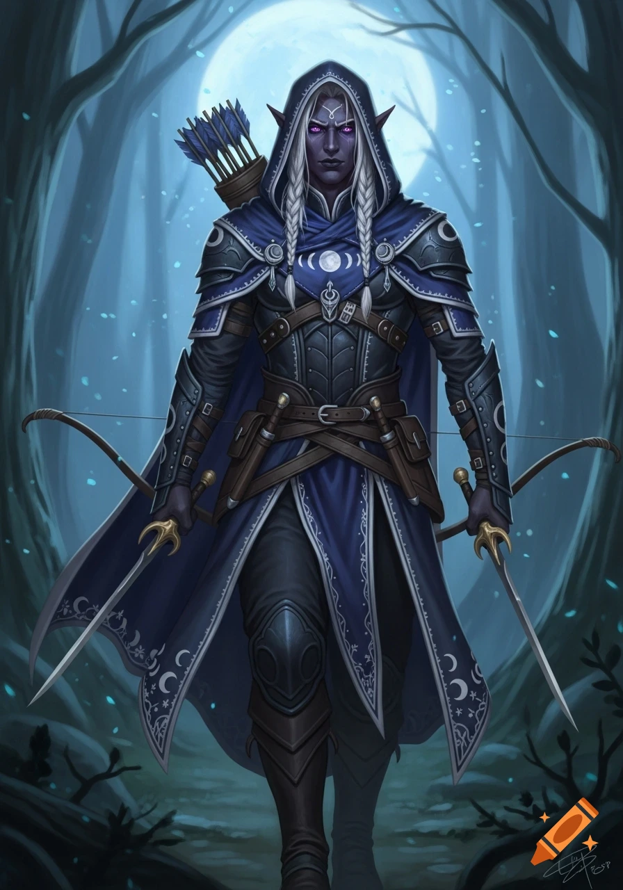 A dark-skinned male Drow hunter with white braids, violet eyes, in blue and gray armor, holding two swords, stands in a moonlit forest.