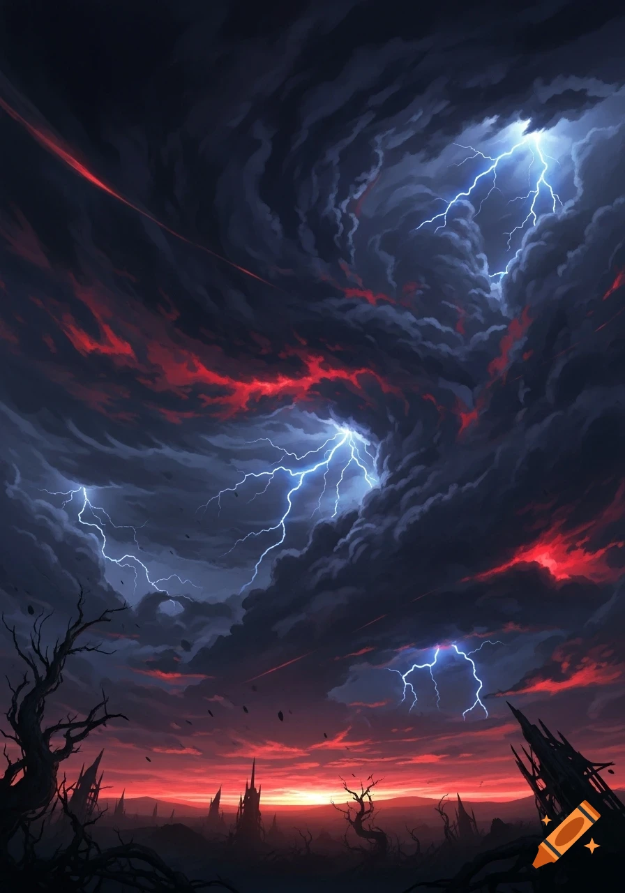 Dramatic digital painting of an apocalyptic landscape under a swirling red and grey storm sky with bright lightning, barren trees, and ruined structures.