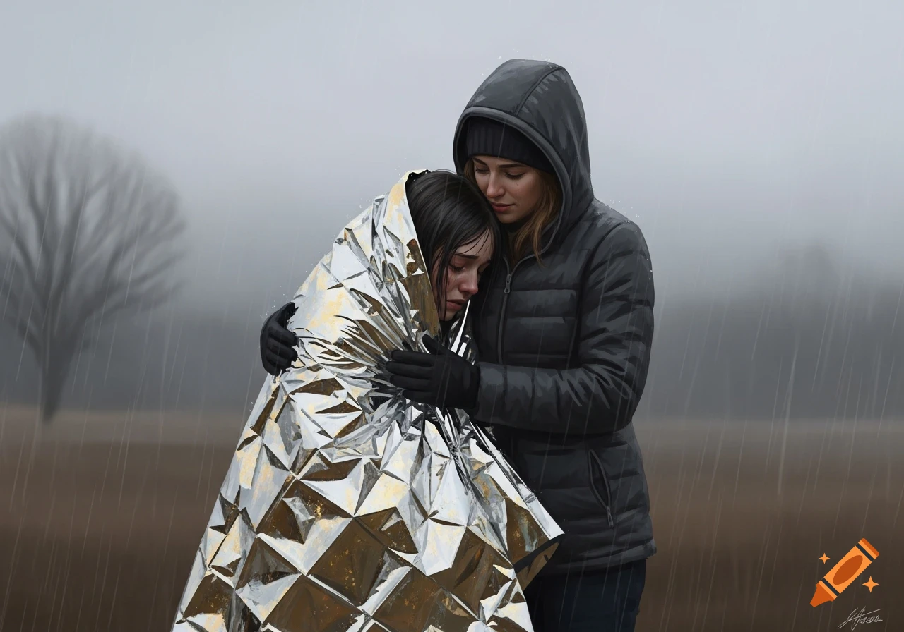 A woman in a hooded jacket comforts another woman wrapped in a silver emergency blanket, standing in the rain.