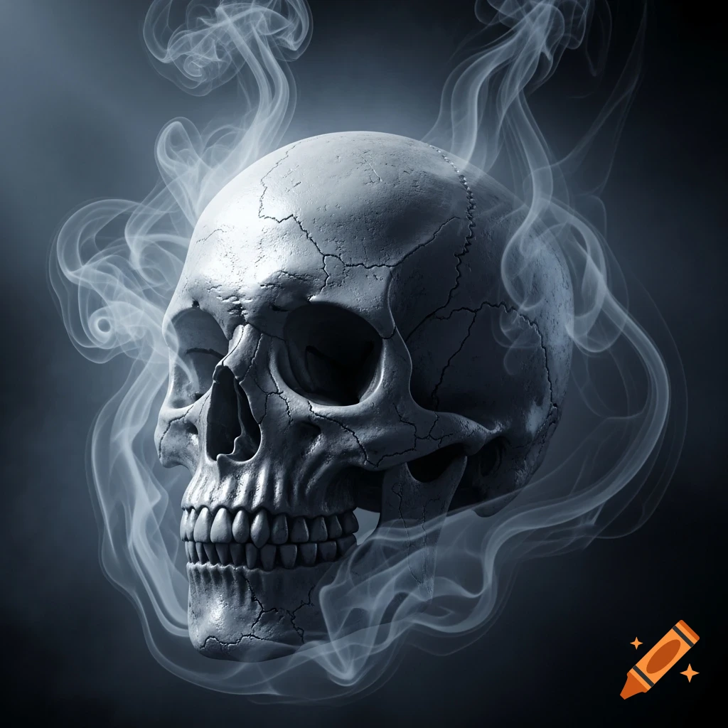 A detailed, cracked human skull emerges from swirling white smoke against a dark background.